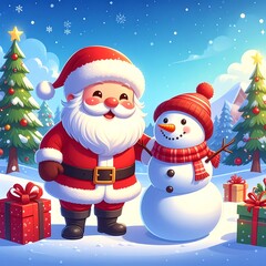 A jolly figure in a red suit and hat, next to a snowman in a hat and scarf, with presents and snowy trees