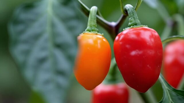 A captivating close-up showcases two small, vibrant peppers, one glowing orange and the other a striking red, suspended from a slender green stem. They are nestled amongst lush, green foliage, with th