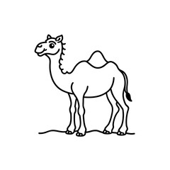 Fototapeta premium A simple black and white line art illustration of a dromedary camel standing on a sandy ground, depicted in a cartoon style.
