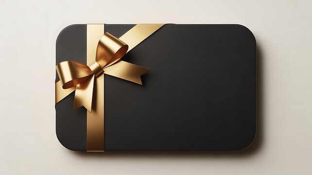 Elegant black gift card with a luxurious gold ribbon and bow on a light surface