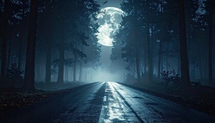 Fototapeta premium A dark, misty forest road illuminated by a dramatic full moon at night.