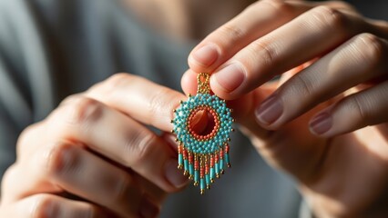 Close-up of hands holding a turquoise and orange beaded earring with a circular center and fringe,