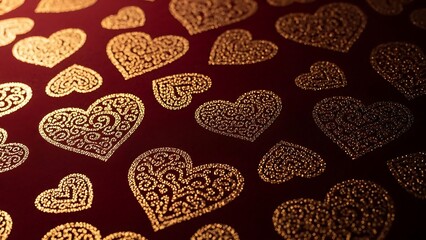 Golden hearts pattern on red background decorative design for Valentines Day or love theme