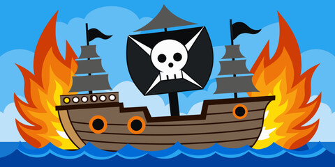 Naklejka premium A burning pirate ship on the high seas its masts engulfed in flames.