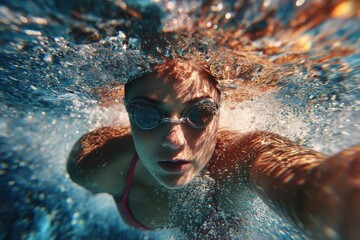 Underwater capture of a female swimmer gracefully gliding through the water during an afternoon training session