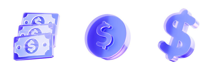 Naklejka premium Set 3D Glass cash bills, dollar coin, and currency symbol icon isolated on transparent background, concepts for wealth, payment, and financial success. Liquid Glass design icon. 3D rendering