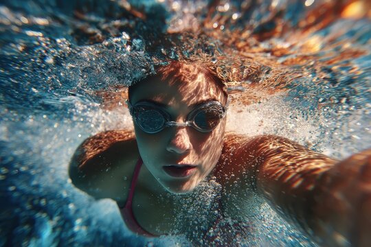 Underwater capture of a female swimmer gracefully gliding through the water during an afternoon training session - Powered by Adobe