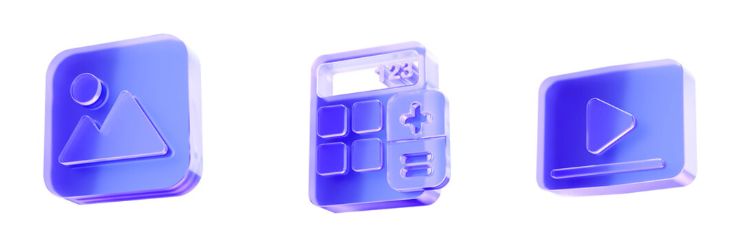 Set 3D Glass photo, calculator, and play button icon isolated on transparent background, essential tools for creative work, financial calculation, and media playback. Liquid Glass design icon. 3D rend