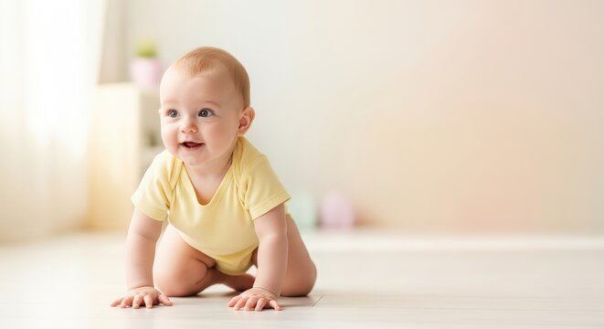 A baby crawling on a wooden floor in a bright, well-lit room with a white wall and a window with light streaming in.