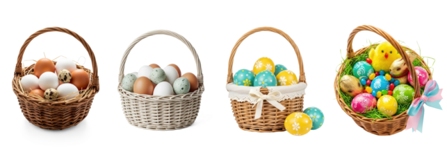 A wicker basket filled with eggs, including brown and white eggs, and a single quail egg.