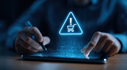 Digital alert for online shopping issues, with a glowing icon and user interaction