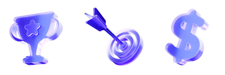 Set 3D Glass trophy, target, and dollar sign icon isolated on transparent background, symbols for business achievement, goal targeting, and financial victory. Liquid Glass design icon. 3D rendering