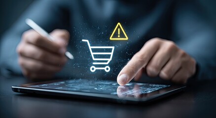 Digital shopping cart icon with warning symbol above tablet, person interacting