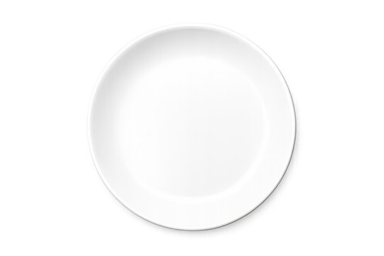 Round white ceramic empty plate or dishware, realistic vector illustration, top view, transparent background