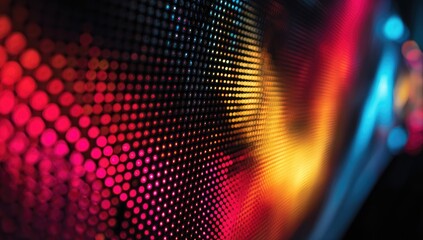 Close-up view of a digital display with a vibrant spectrum of colorful dots creating an abstract pattern