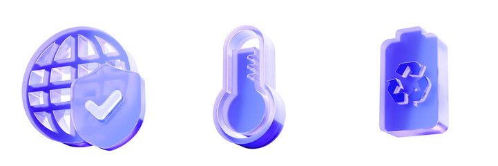 Set 3D Glass global shield, thermometer, and recycle battery icon isolated on transparent background, concepts for global security, climate control, and green energy. Liquid Glass design icon. 3D rend