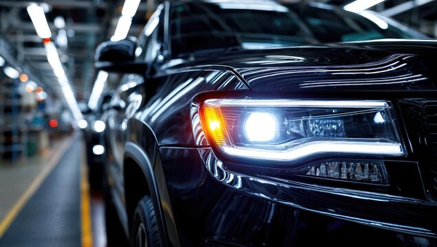 Shiny black SUV headlight illuminated in a dark auto factory