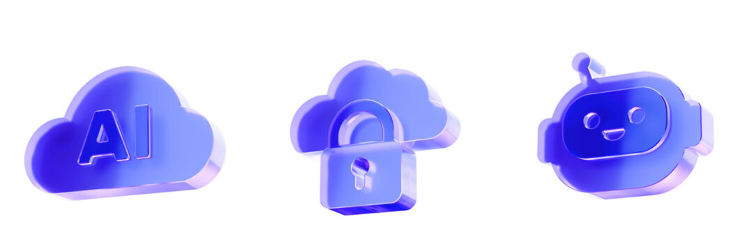 Set 3D Glass AI cloud and robot bot icon isolated on transparent background, concepts for artificial intelligence, cloud computing, and automated support. Liquid Glass design icon. 3D rendering