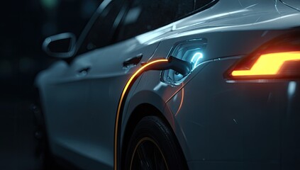Electric vehicle charging, glowing connector and taillight, dark background