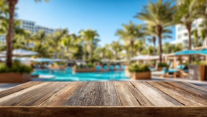 Rustic wooden table foreground overlooking a sunny, resort pool with palm trees