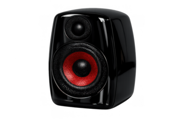 Black speaker with red accents providing rich audio quality, modern sound technology, and powerful musical entertainment
