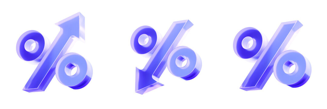 Set 3D Glass percentage and arrow icon isolated on transparent background, concepts for interest rates, market fluctuations, and discount trends. Liquid Glass design icon. 3D rendering