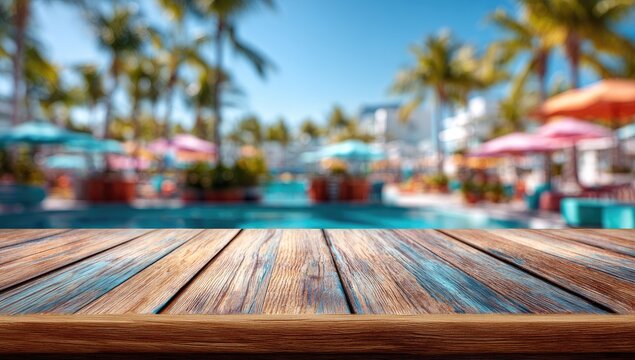Rustic wooden table in foreground, colorful resort pool and palm trees in background