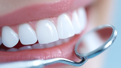 Close-up of a bright, healthy smile with gleaming white teeth, reflected in a dental mirror