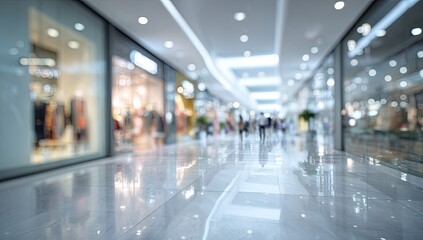 Bright, modern shopping arcade with reflective floors and blurred figures