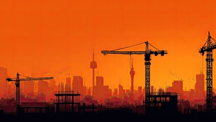 Silhouetted construction cranes and city skyline at sunset