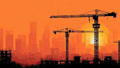 Silhouetted cranes and city skyline against a bright orange sunset sky