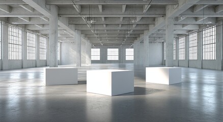 Bright, airy industrial space with three white cubes on polished concrete floor