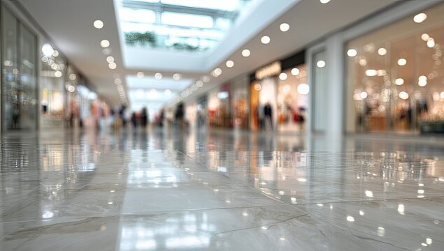 Blurred view of a modern shopping mall interior with shiny floors