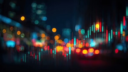 Abstract cityscape with vibrant trading chart overlay at night