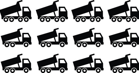 Dump truck silhouette set, construction vehicle icons, tilted bed, black vector illustration, industrial transport, heavy machinery, side profile © Saleha
