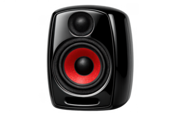 Black professional studio monitor speaker featuring a red woofer, used for high-fidelity audio production and listening
