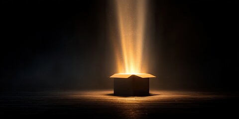 An open box emits bright, ethereal light beams into darkness