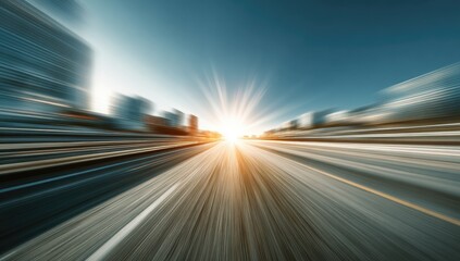 Speeding down an empty highway towards a bright, radiant sun with city buildings