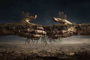 Two hands made of earth and roots grasp, with small trees growing from them