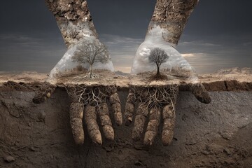 Surreal hands nurturing arid landscapes, supporting trees with deep roots