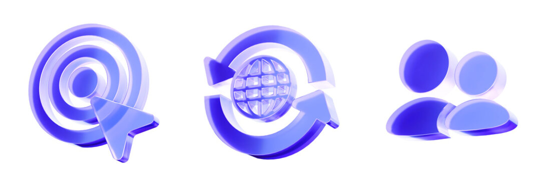 Set 3D Glass target, global network, and user profile icon isolated on transparent background, concepts for digital marketing, global business, and social community. Liquid Glass design icon. 3D rende