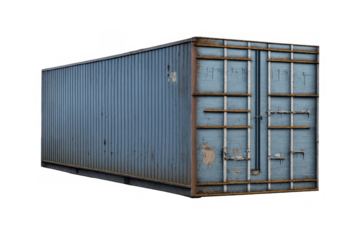 Blue cargo shipping container with rusty details, showing global logistics, transportation, and industrial freight at port