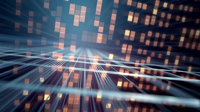 Abstract business grid featuring gentle motion and glowing light effects, particles, and bokeh, creating futuristic digital network atmosphere with depth and dynamic perspective