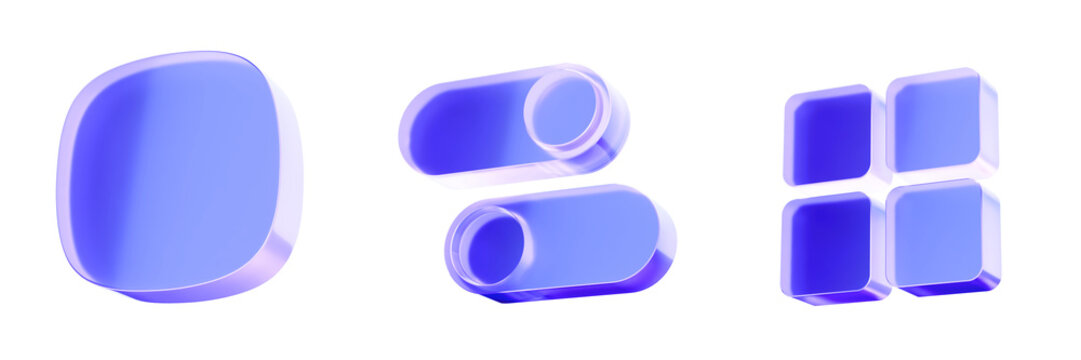 Set 3D Glass square, toggle switch, and grid menu icon isolated on transparent background, essential elements for app interface and web dashboard design. Liquid Glass design icon. 3D rendering