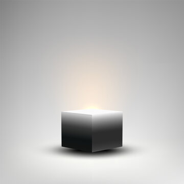 Minimalist digital abstract concept of a glossy dark geometric cube object casting a shadow under a golden glow for modern technology and presentation