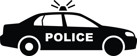 A minimalist black silhouette of a police car icon with emergency flashing lights on top and bold white lettering on a white background © MstBabli