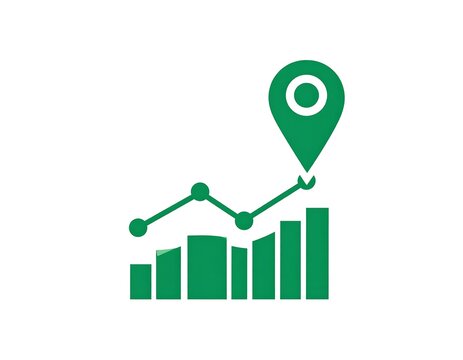 A green, graphic representation of a location pin rising above a fluctuating line graph and a set of vertical bar charts, all against a white backdrop - Powered by Adobe