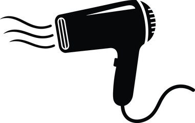A professional black silhouette of a modern hair dryer with a power cord and air flow lines for beauty salon and personal grooming concepts