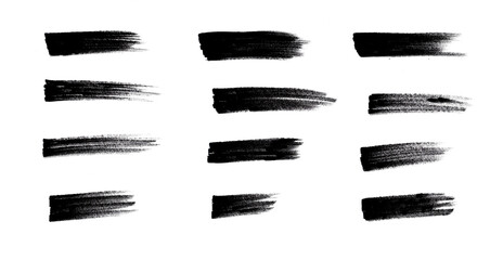 brush strokes isolated on white, including grunge acrylic textures, hand-drawn thick lines, rectangles, banners, sketchy horizontal strokes