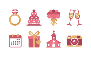Wedding celebration icons ring cake bouquet champagne vector